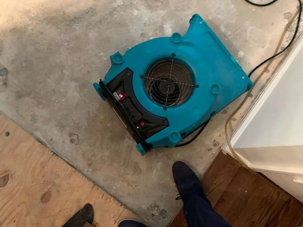 Air mover drying subfloor during Commercial Water Damage Restoration in Harker Heights